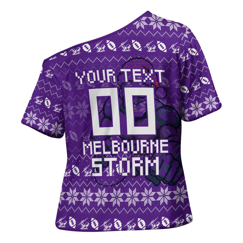 Personalized Melbourne Storm Christmas Cross Shoulder Shirt Australian Rugby Fans - Pixelated Ugly Xmas Pattern Mascot Santa