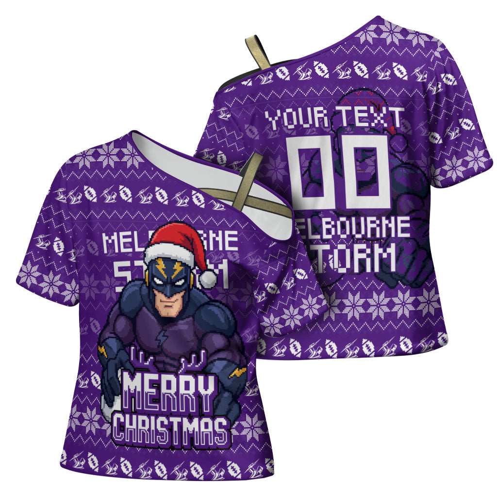 Personalized Melbourne Storm Christmas Cross Shoulder Shirt Australian Rugby Fans - Pixelated Ugly Xmas Pattern Mascot Santa
