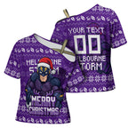 Personalized Melbourne Storm Christmas Cross Shoulder Shirt Australian Rugby Fans - Pixelated Ugly Xmas Pattern Mascot Santa
