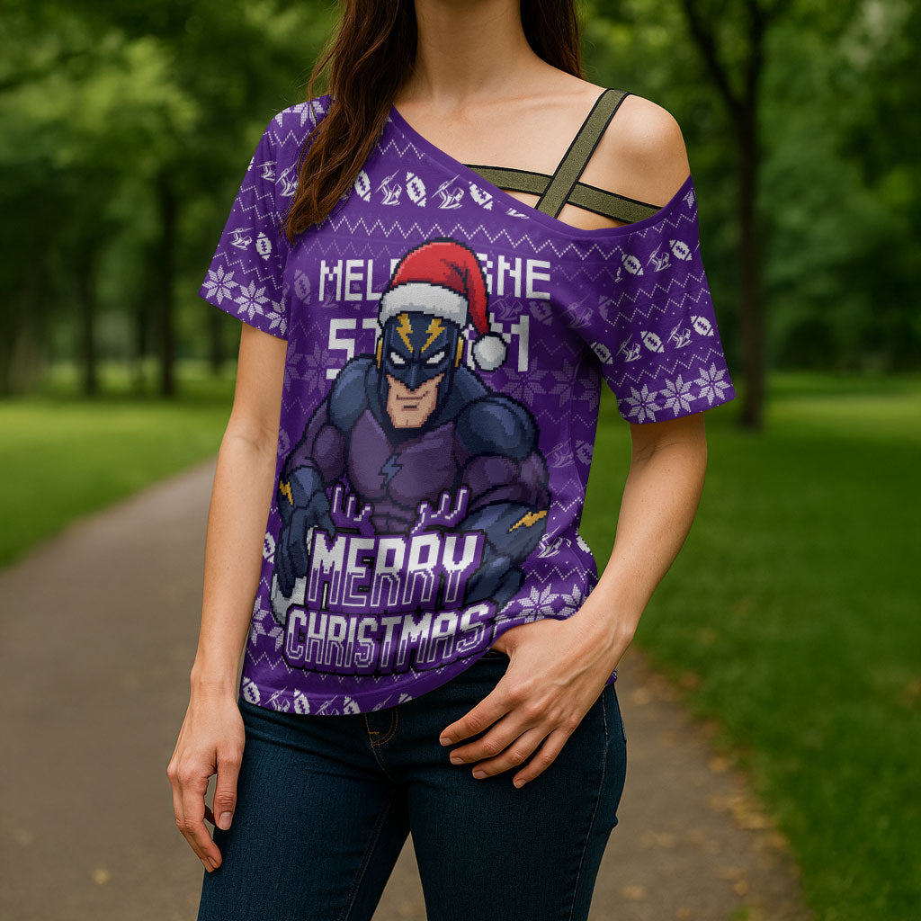 Personalized Melbourne Storm Christmas Cross Shoulder Shirt Australian Rugby Fans - Pixelated Ugly Xmas Pattern Mascot Santa