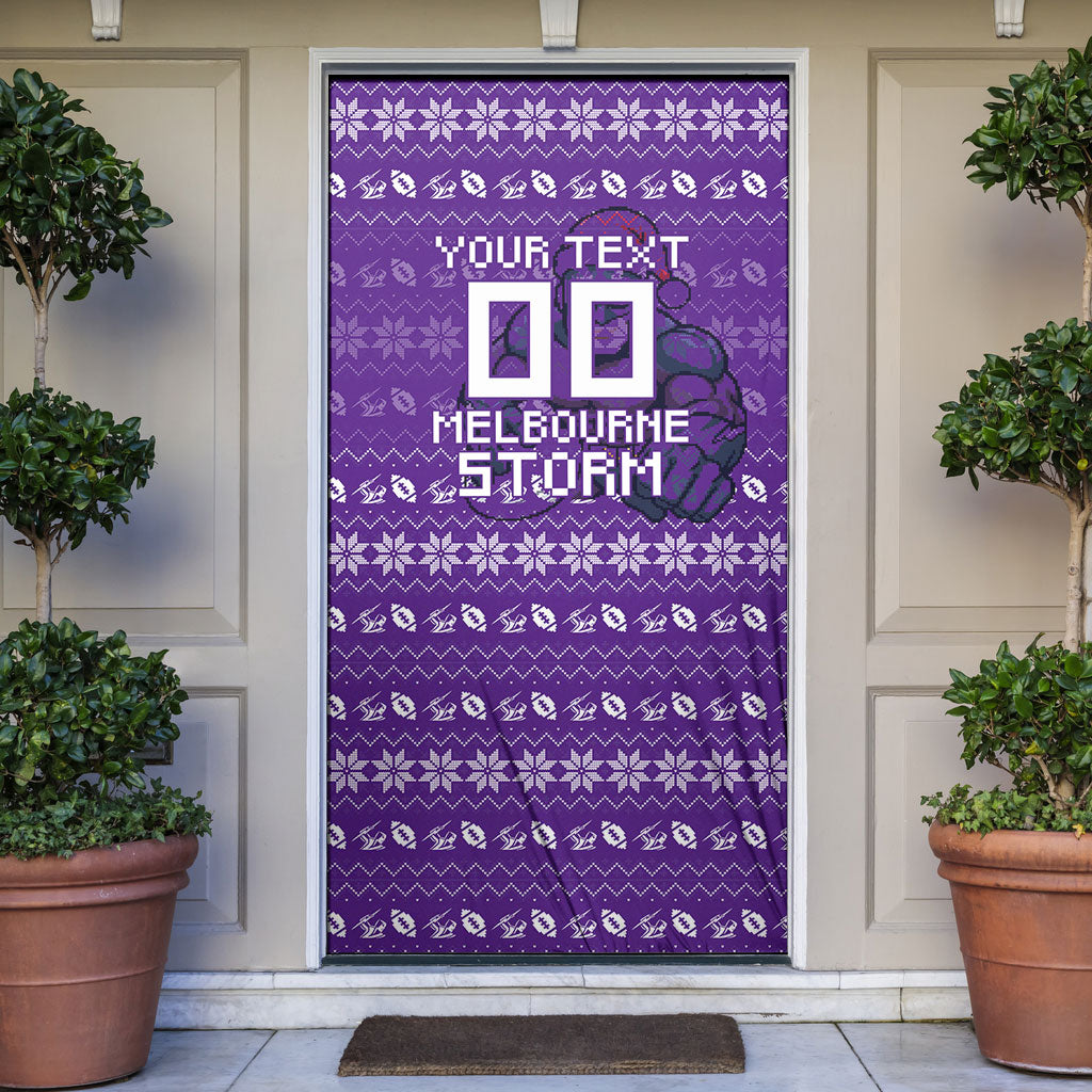 Personalized Melbourne Storm Christmas Door Cover Australian Rugby Fans - Pixelated Ugly Xmas Pattern Mascot Santa