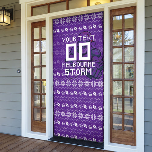 Personalized Melbourne Storm Christmas Door Cover Australian Rugby Fans - Pixelated Ugly Xmas Pattern Mascot Santa