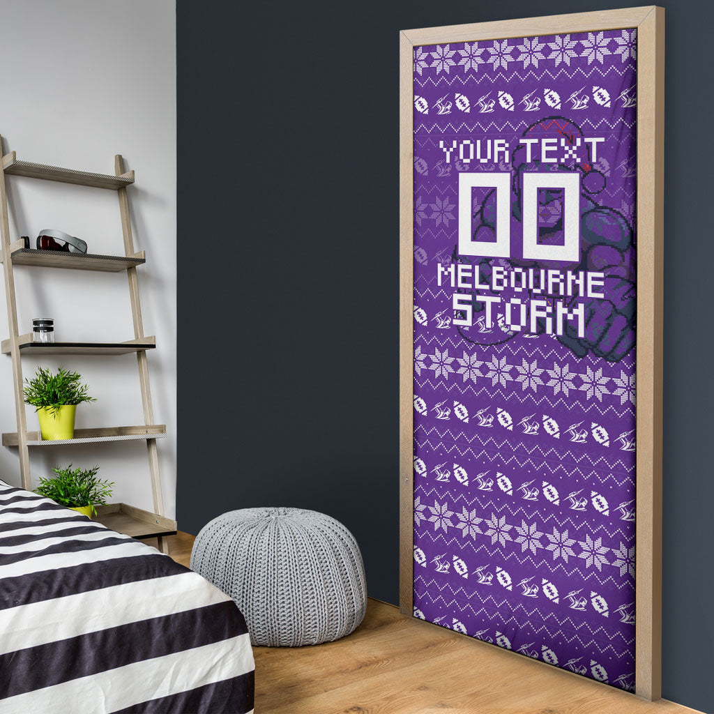 Personalized Melbourne Storm Christmas Door Cover Australian Rugby Fans - Pixelated Ugly Xmas Pattern Mascot Santa