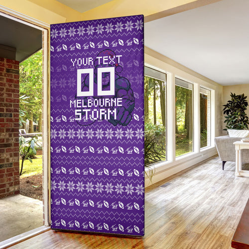 Personalized Melbourne Storm Christmas Door Cover Australian Rugby Fans - Pixelated Ugly Xmas Pattern Mascot Santa