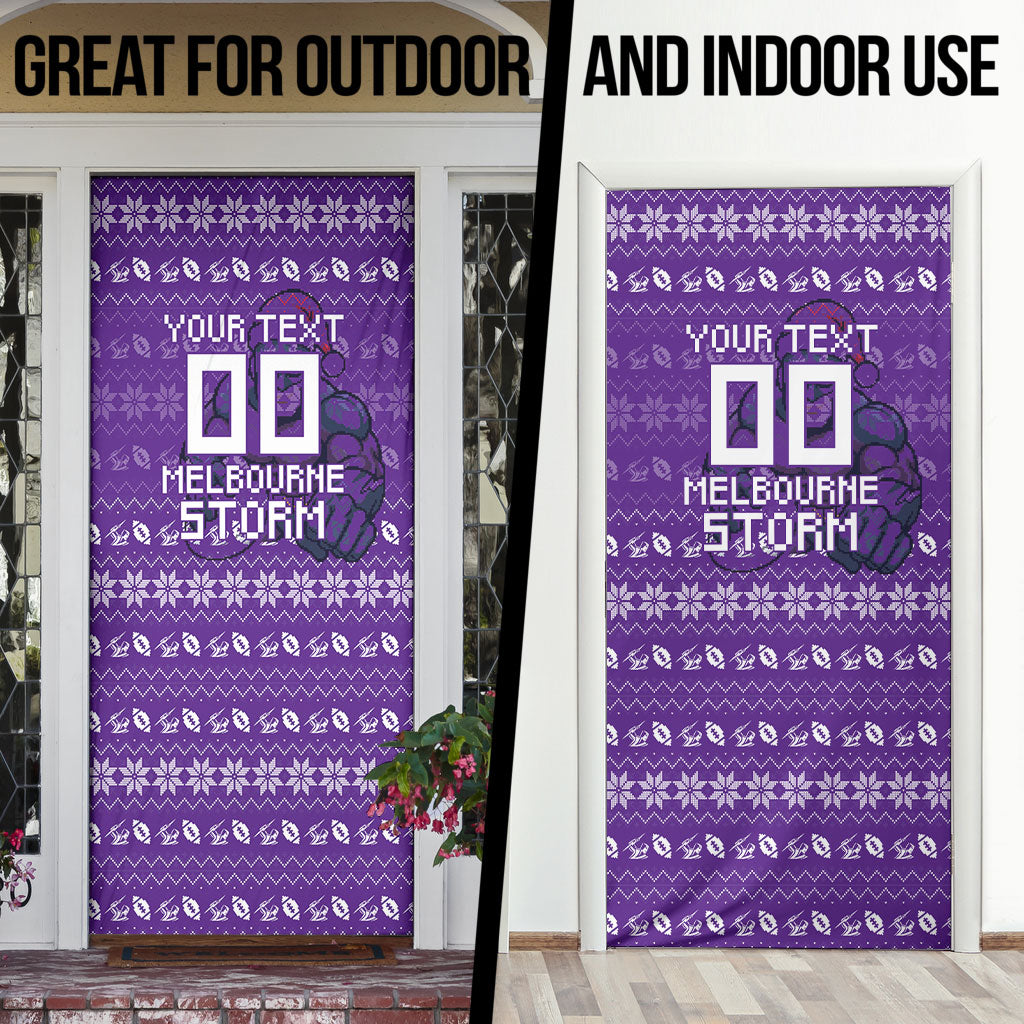 Personalized Melbourne Storm Christmas Door Cover Australian Rugby Fans - Pixelated Ugly Xmas Pattern Mascot Santa