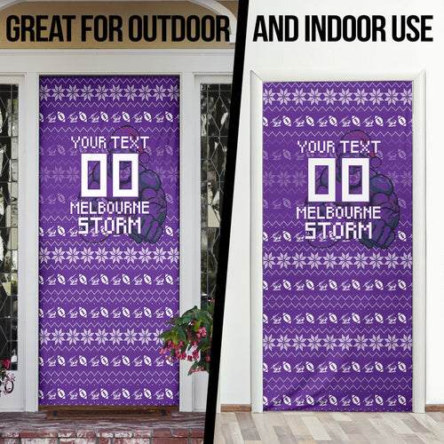 Personalized Melbourne Storm Christmas Door Cover Australian Rugby Fans - Pixelated Ugly Xmas Pattern Mascot Santa