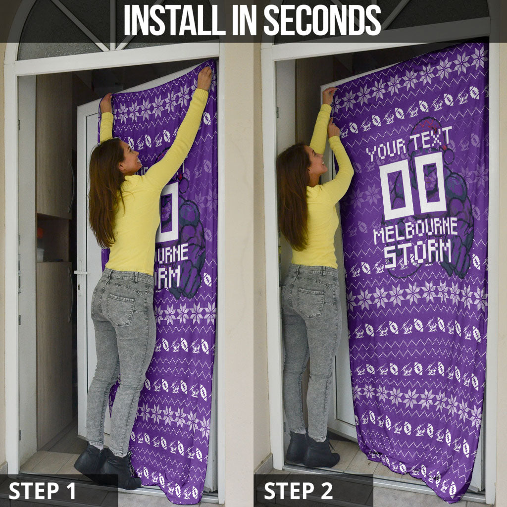 Personalized Melbourne Storm Christmas Door Cover Australian Rugby Fans - Pixelated Ugly Xmas Pattern Mascot Santa