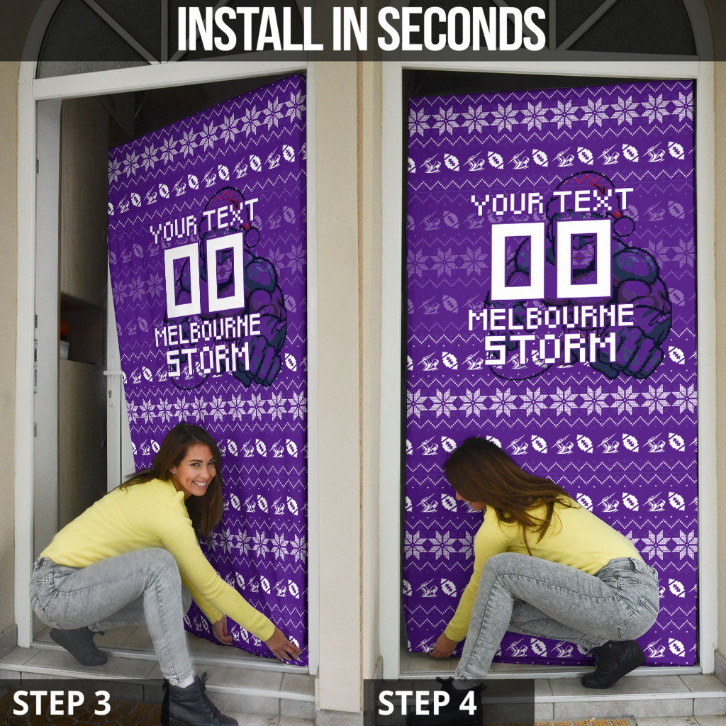 Personalized Melbourne Storm Christmas Door Cover Australian Rugby Fans - Pixelated Ugly Xmas Pattern Mascot Santa