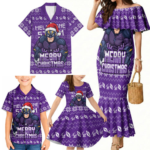 Personalized Melbourne Storm Christmas Family Matching Mermaid Dress and Hawaiian Shirt Australian Rugby Fans - Pixelated Ugly Xmas Pattern Mascot Santa