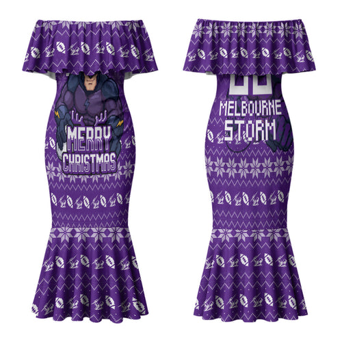 Personalized Melbourne Storm Christmas Family Matching Mermaid Dress and Hawaiian Shirt Australian Rugby Fans - Pixelated Ugly Xmas Pattern Mascot Santa