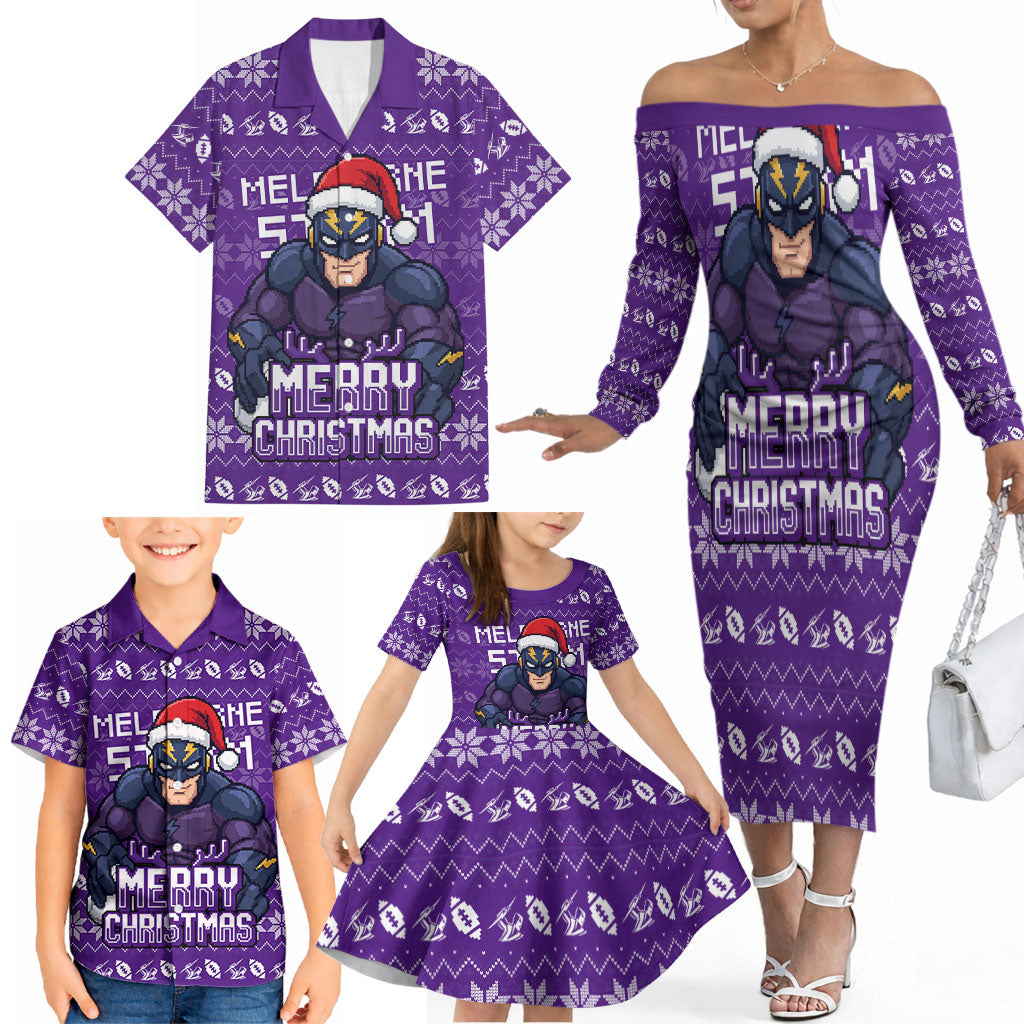 Personalized Melbourne Storm Christmas Family Matching Off The Shoulder Long Sleeve Dress and Hawaiian Shirt Australian Rugby Fans - Pixelated Ugly Xmas Pattern Mascot Santa