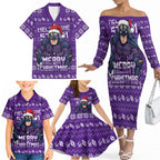 Personalized Melbourne Storm Christmas Family Matching Off The Shoulder Long Sleeve Dress and Hawaiian Shirt Australian Rugby Fans - Pixelated Ugly Xmas Pattern Mascot Santa