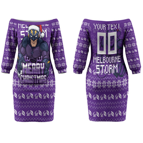 Personalized Melbourne Storm Christmas Family Matching Off The Shoulder Long Sleeve Dress and Hawaiian Shirt Australian Rugby Fans - Pixelated Ugly Xmas Pattern Mascot Santa