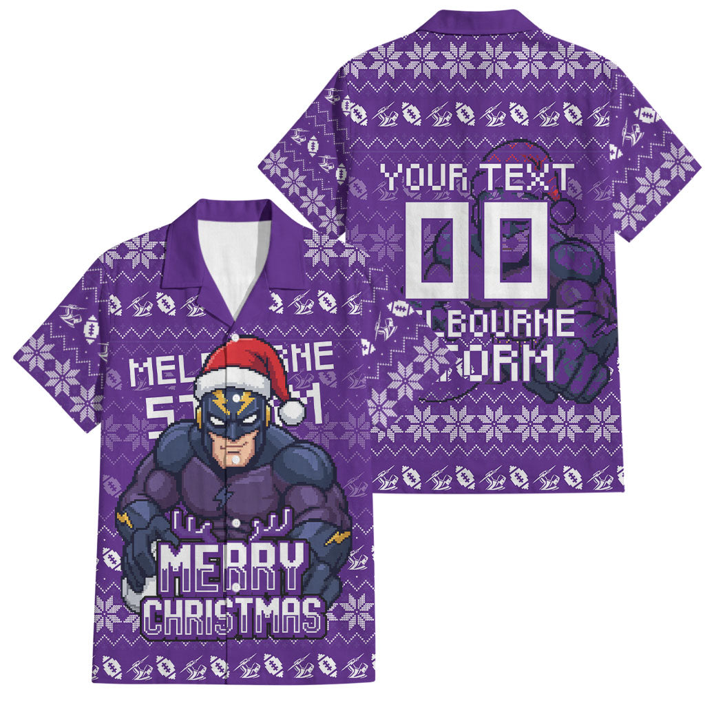 Personalized Melbourne Storm Christmas Family Matching Off The Shoulder Long Sleeve Dress and Hawaiian Shirt Australian Rugby Fans - Pixelated Ugly Xmas Pattern Mascot Santa