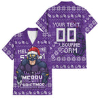 Personalized Melbourne Storm Christmas Family Matching Off The Shoulder Long Sleeve Dress and Hawaiian Shirt Australian Rugby Fans - Pixelated Ugly Xmas Pattern Mascot Santa