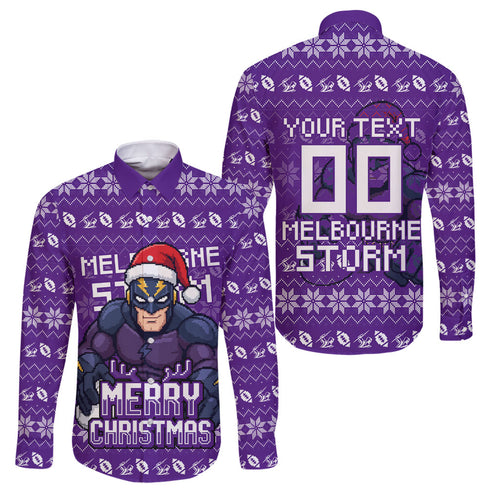 Personalized Melbourne Storm Christmas Family Matching Off The Shoulder Long Sleeve Dress and Hawaiian Shirt Australian Rugby Fans - Pixelated Ugly Xmas Pattern Mascot Santa