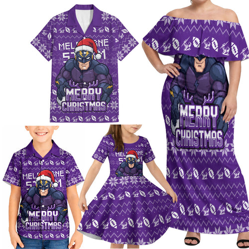 Personalized Melbourne Storm Christmas Family Matching Off Shoulder Maxi Dress and Hawaiian Shirt Australian Rugby Fans - Pixelated Ugly Xmas Pattern Mascot Santa