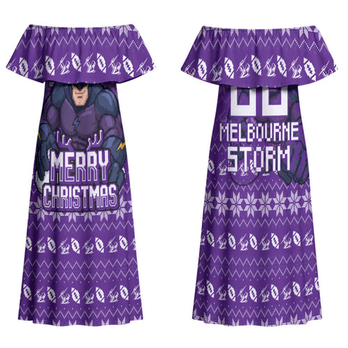 Personalized Melbourne Storm Christmas Family Matching Off Shoulder Maxi Dress and Hawaiian Shirt Australian Rugby Fans - Pixelated Ugly Xmas Pattern Mascot Santa