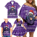 Personalized Melbourne Storm Christmas Family Matching Off Shoulder Short Dress and Hawaiian Shirt Australian Rugby Fans - Pixelated Ugly Xmas Pattern Mascot Santa