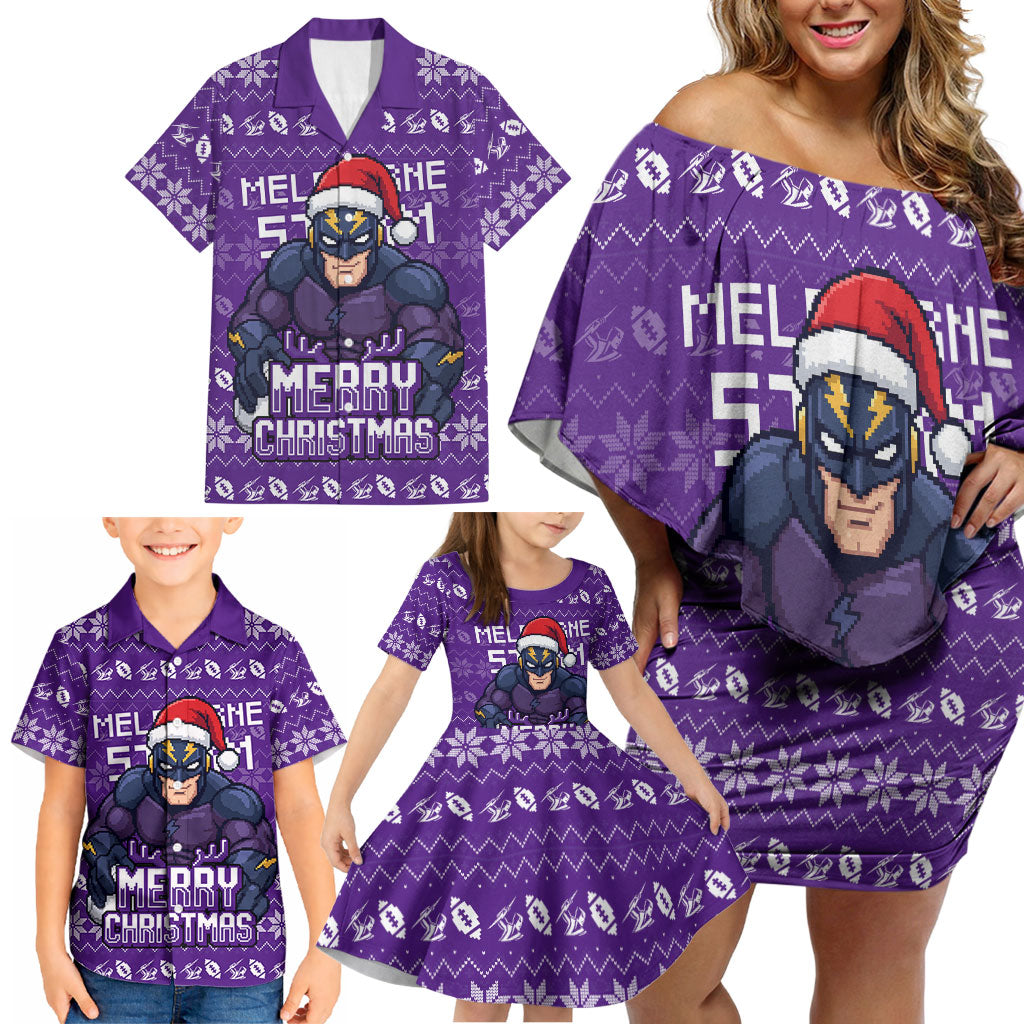 Personalized Melbourne Storm Christmas Family Matching Off Shoulder Short Dress and Hawaiian Shirt Australian Rugby Fans - Pixelated Ugly Xmas Pattern Mascot Santa