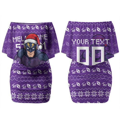 Personalized Melbourne Storm Christmas Family Matching Off Shoulder Short Dress and Hawaiian Shirt Australian Rugby Fans - Pixelated Ugly Xmas Pattern Mascot Santa