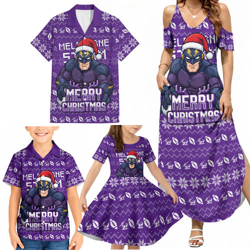 Personalized Melbourne Storm Christmas Family Matching Summer Maxi Dress and Hawaiian Shirt Australian Rugby Fans - Pixelated Ugly Xmas Pattern Mascot Santa