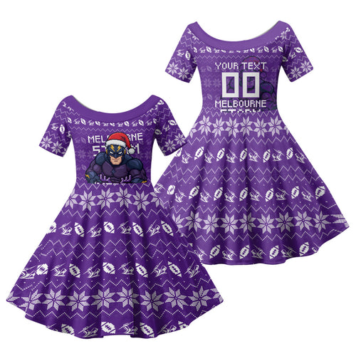 Personalized Melbourne Storm Christmas Family Matching Summer Maxi Dress and Hawaiian Shirt Australian Rugby Fans - Pixelated Ugly Xmas Pattern Mascot Santa