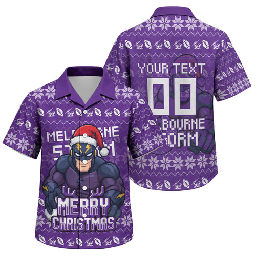 Personalized Melbourne Storm Christmas Family Matching Summer Maxi Dress and Hawaiian Shirt Australian Rugby Fans - Pixelated Ugly Xmas Pattern Mascot Santa