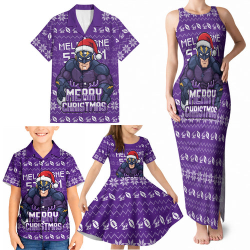 Personalized Melbourne Storm Christmas Family Matching Tank Maxi Dress and Hawaiian Shirt Australian Rugby Fans - Pixelated Ugly Xmas Pattern Mascot Santa