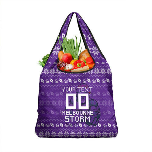 Personalized Melbourne Storm Christmas Grocery Bag Australian Rugby Fans - Pixelated Ugly Xmas Pattern Mascot Santa