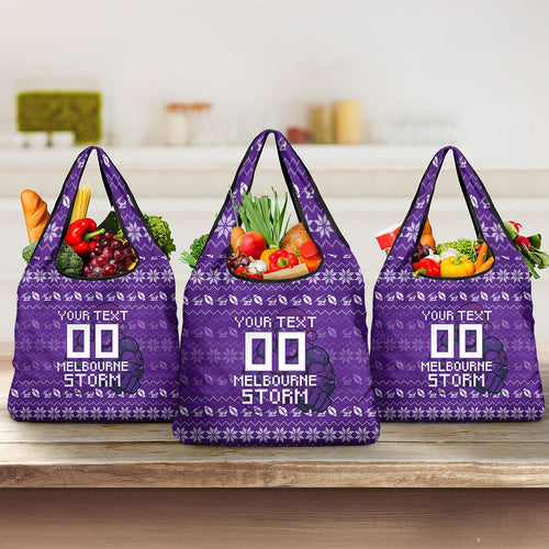 Personalized Melbourne Storm Christmas Grocery Bag Australian Rugby Fans - Pixelated Ugly Xmas Pattern Mascot Santa