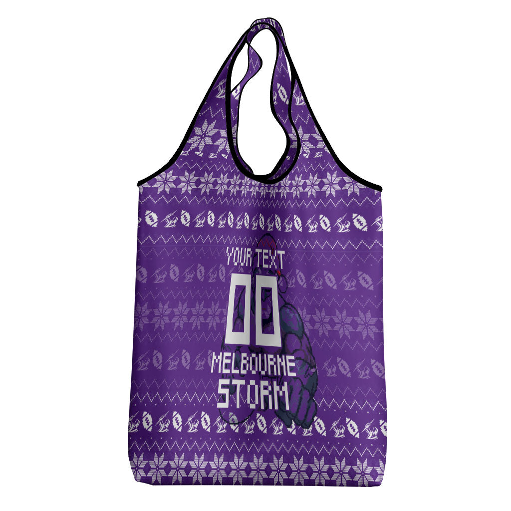 Personalized Melbourne Storm Christmas Grocery Bag Australian Rugby Fans - Pixelated Ugly Xmas Pattern Mascot Santa