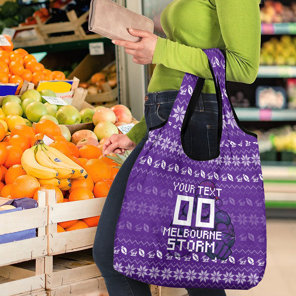 Personalized Melbourne Storm Christmas Grocery Bag Australian Rugby Fans - Pixelated Ugly Xmas Pattern Mascot Santa