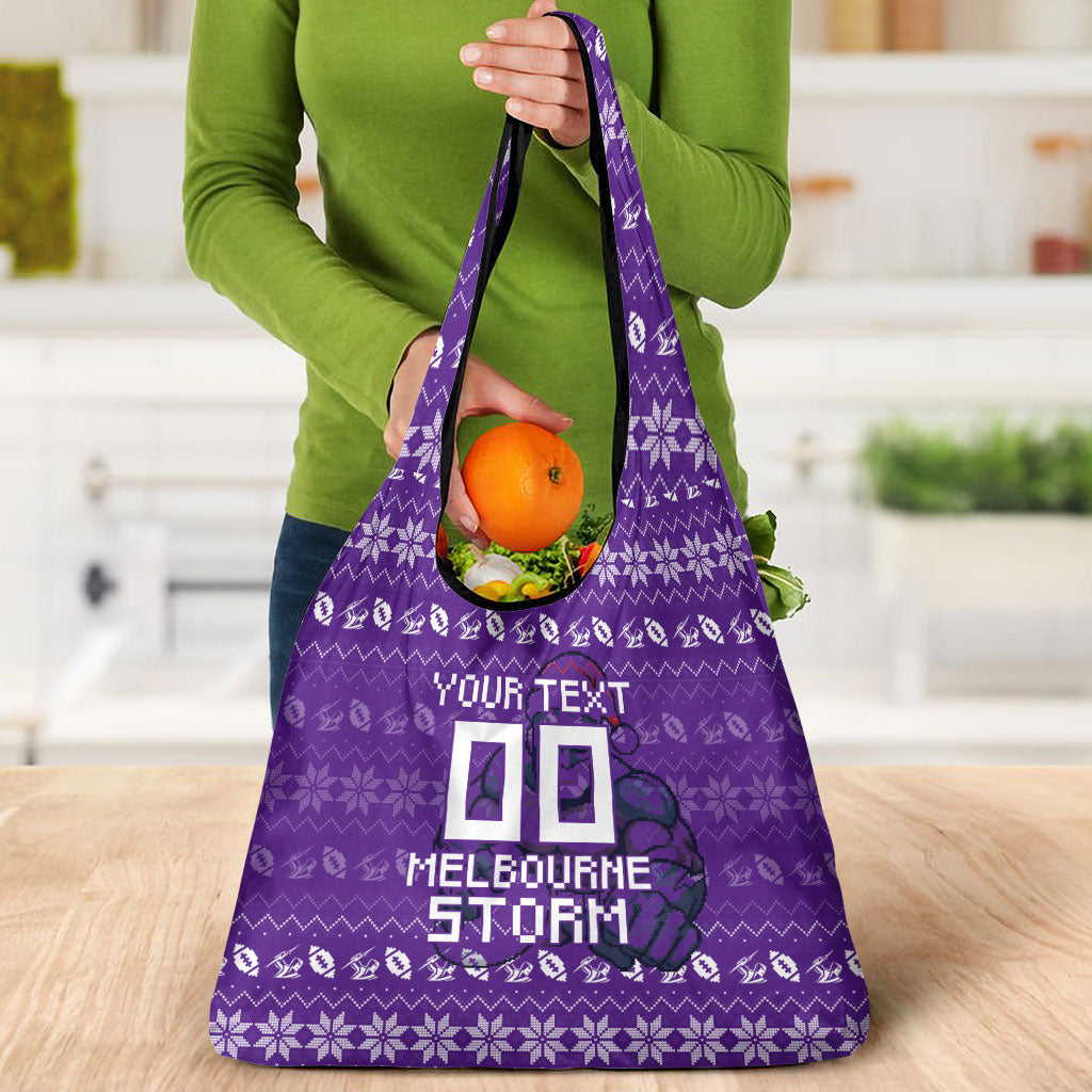 Personalized Melbourne Storm Christmas Grocery Bag Australian Rugby Fans - Pixelated Ugly Xmas Pattern Mascot Santa