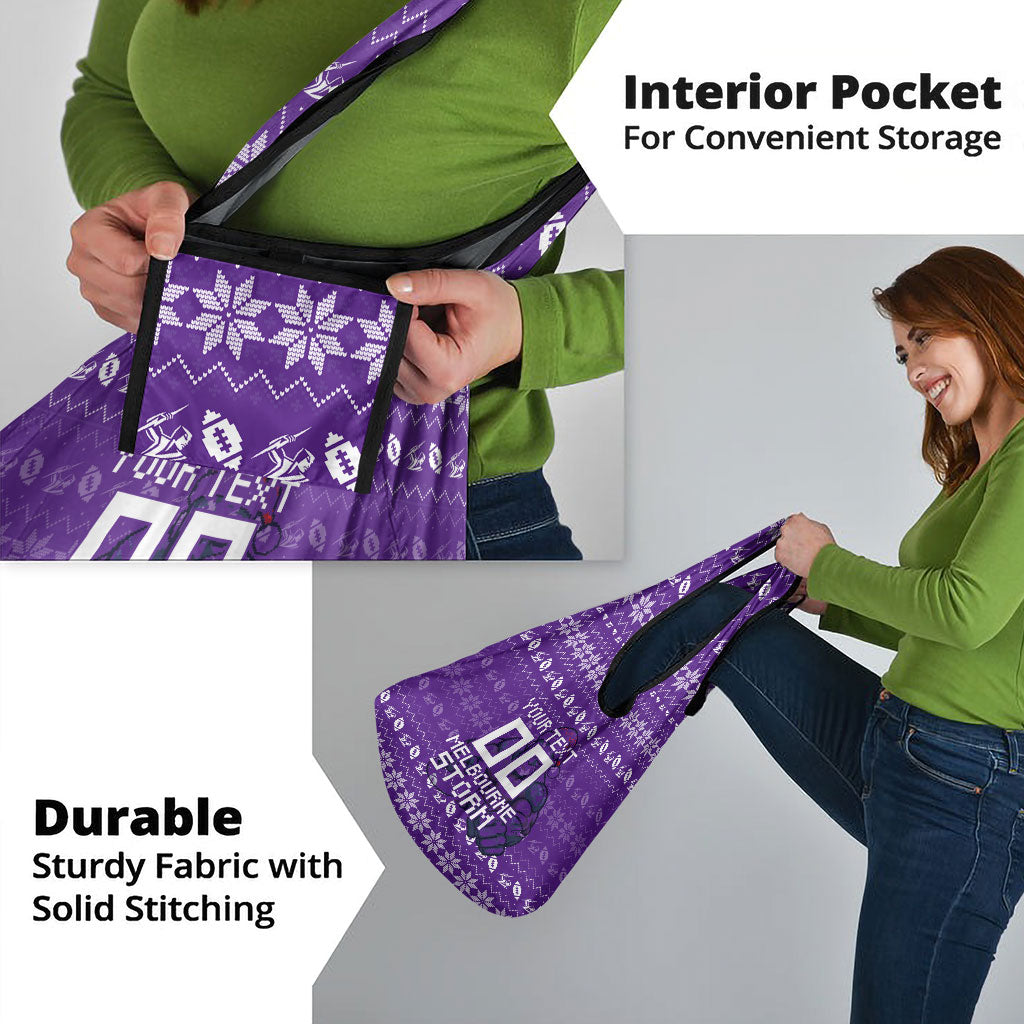 Personalized Melbourne Storm Christmas Grocery Bag Australian Rugby Fans - Pixelated Ugly Xmas Pattern Mascot Santa