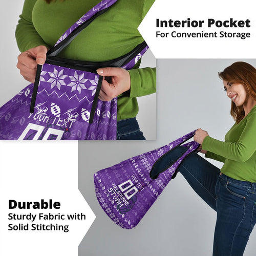 Personalized Melbourne Storm Christmas Grocery Bag Australian Rugby Fans - Pixelated Ugly Xmas Pattern Mascot Santa