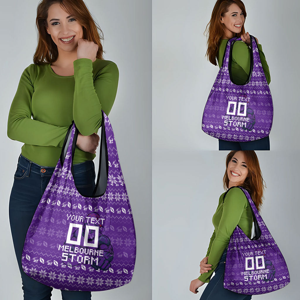 Personalized Melbourne Storm Christmas Grocery Bag Australian Rugby Fans - Pixelated Ugly Xmas Pattern Mascot Santa
