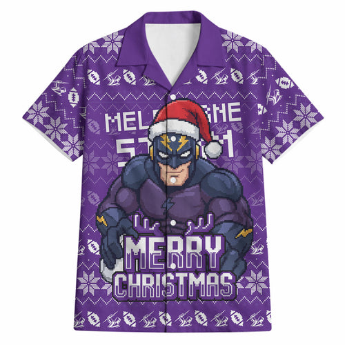 Personalized Melbourne Storm Christmas Hawaiian Shirt Australian Rugby Fans - Pixelated Ugly Xmas Pattern Mascot Santa