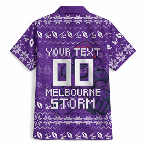 Personalized Melbourne Storm Christmas Hawaiian Shirt Australian Rugby Fans - Pixelated Ugly Xmas Pattern Mascot Santa