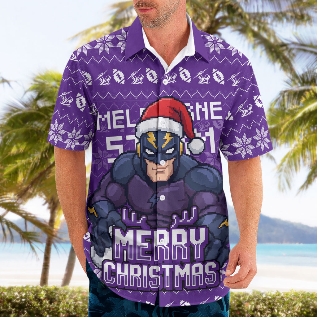 Personalized Melbourne Storm Christmas Hawaiian Shirt Australian Rugby Fans - Pixelated Ugly Xmas Pattern Mascot Santa