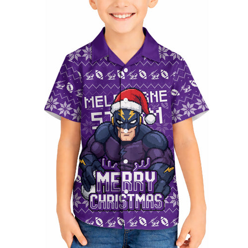 Personalized Melbourne Storm Christmas Hawaiian Shirt Australian Rugby Fans - Pixelated Ugly Xmas Pattern Mascot Santa