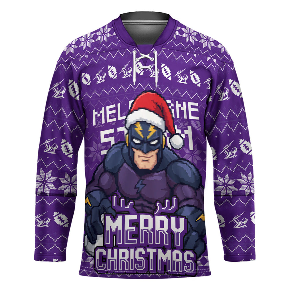 Personalized Melbourne Storm Christmas Hockey Jersey Australian Rugby Fans - Pixelated Ugly Xmas Pattern Mascot Santa