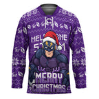 Personalized Melbourne Storm Christmas Hockey Jersey Australian Rugby Fans - Pixelated Ugly Xmas Pattern Mascot Santa