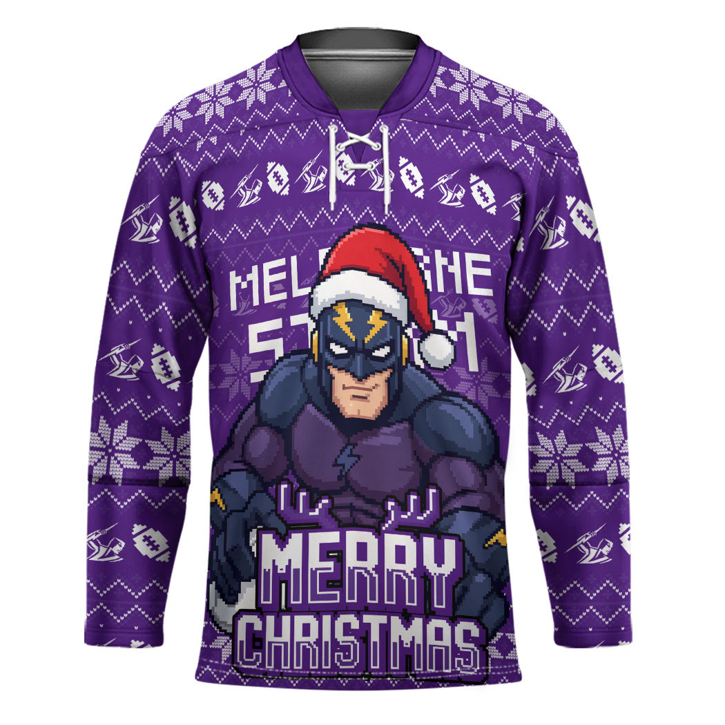 Personalized Melbourne Storm Christmas Hockey Jersey Australian Rugby Fans - Pixelated Ugly Xmas Pattern Mascot Santa