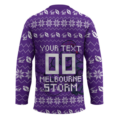 Personalized Melbourne Storm Christmas Hockey Jersey Australian Rugby Fans - Pixelated Ugly Xmas Pattern Mascot Santa