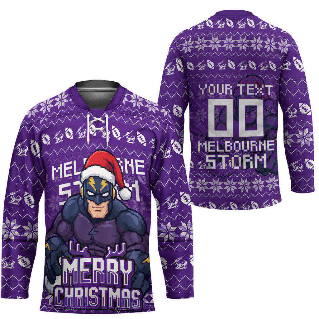 Personalized Melbourne Storm Christmas Hockey Jersey Australian Rugby Fans - Pixelated Ugly Xmas Pattern Mascot Santa