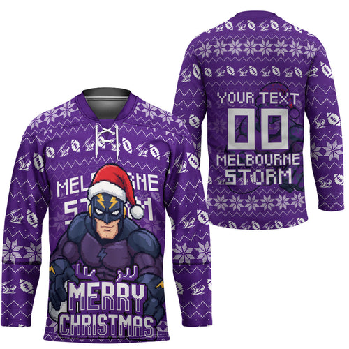 Personalized Melbourne Storm Christmas Hockey Jersey Australian Rugby Fans - Pixelated Ugly Xmas Pattern Mascot Santa