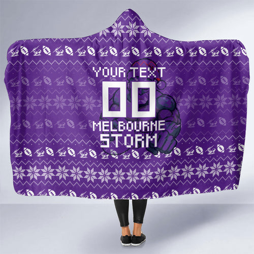 Personalized Melbourne Storm Christmas Hooded Blanket Australian Rugby Fans - Pixelated Ugly Xmas Pattern Mascot Santa