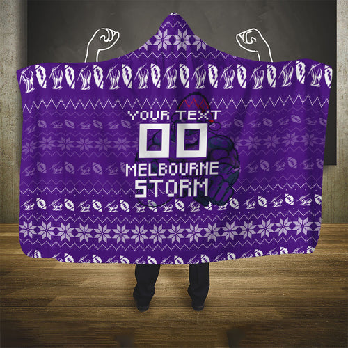 Personalized Melbourne Storm Christmas Hooded Blanket Australian Rugby Fans - Pixelated Ugly Xmas Pattern Mascot Santa