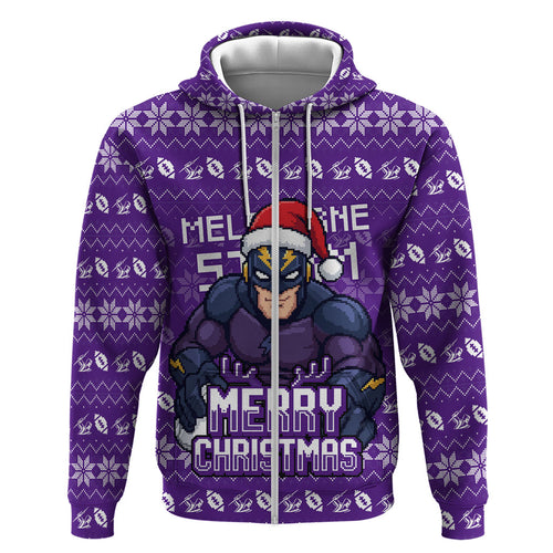 Personalized Melbourne Storm Christmas Hoodie Australian Rugby Fans - Pixelated Ugly Xmas Pattern Mascot Santa